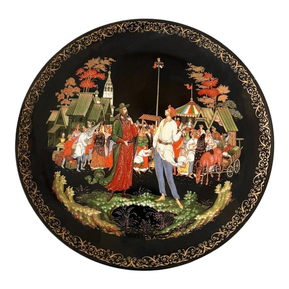 Vintage Russian Palekh Wall Plate "The Priest and His Servant Balda" Porcelain
